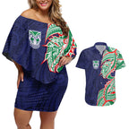 New Zealand Warriors Couples Matching Off Shoulder Short Dress and Hawaiian Shirt Polynesian Tribal Tattoo Pacific Sport Art