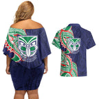 New Zealand Warriors Couples Matching Off Shoulder Short Dress and Hawaiian Shirt Polynesian Tribal Tattoo Pacific Sport Art