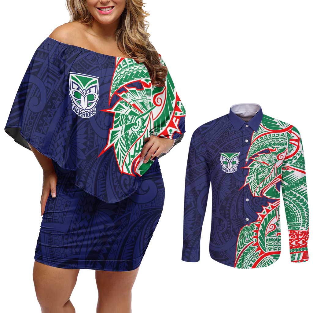 New Zealand Warriors Couples Matching Off Shoulder Short Dress and Long Sleeve Button Shirt Polynesian Tribal Tattoo Pacific Sport Art