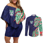 New Zealand Warriors Couples Matching Off Shoulder Short Dress and Long Sleeve Button Shirt Polynesian Tribal Tattoo Pacific Sport Art