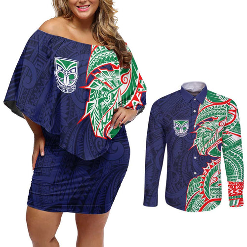 New Zealand Warriors Couples Matching Off Shoulder Short Dress and Long Sleeve Button Shirt Polynesian Tribal Tattoo Pacific Sport Art