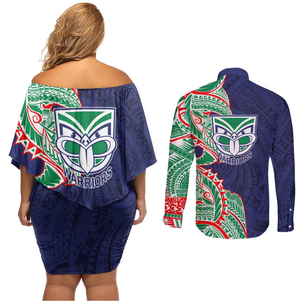 New Zealand Warriors Couples Matching Off Shoulder Short Dress and Long Sleeve Button Shirt Polynesian Tribal Tattoo Pacific Sport Art