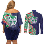 New Zealand Warriors Couples Matching Off Shoulder Short Dress and Long Sleeve Button Shirt Polynesian Tribal Tattoo Pacific Sport Art