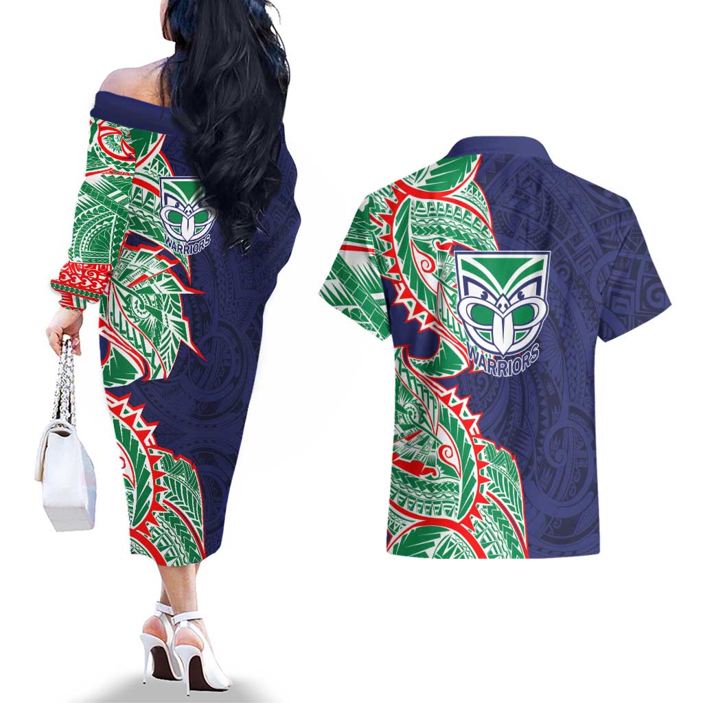 New Zealand Warriors Couples Matching Off The Shoulder Long Sleeve Dress and Hawaiian Shirt Polynesian Tribal Tattoo Pacific Sport Art