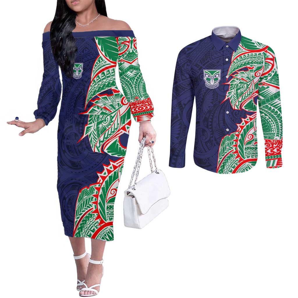 New Zealand Warriors Couples Matching Off The Shoulder Long Sleeve Dress and Long Sleeve Button Shirt Polynesian Tribal Tattoo Pacific Sport Art