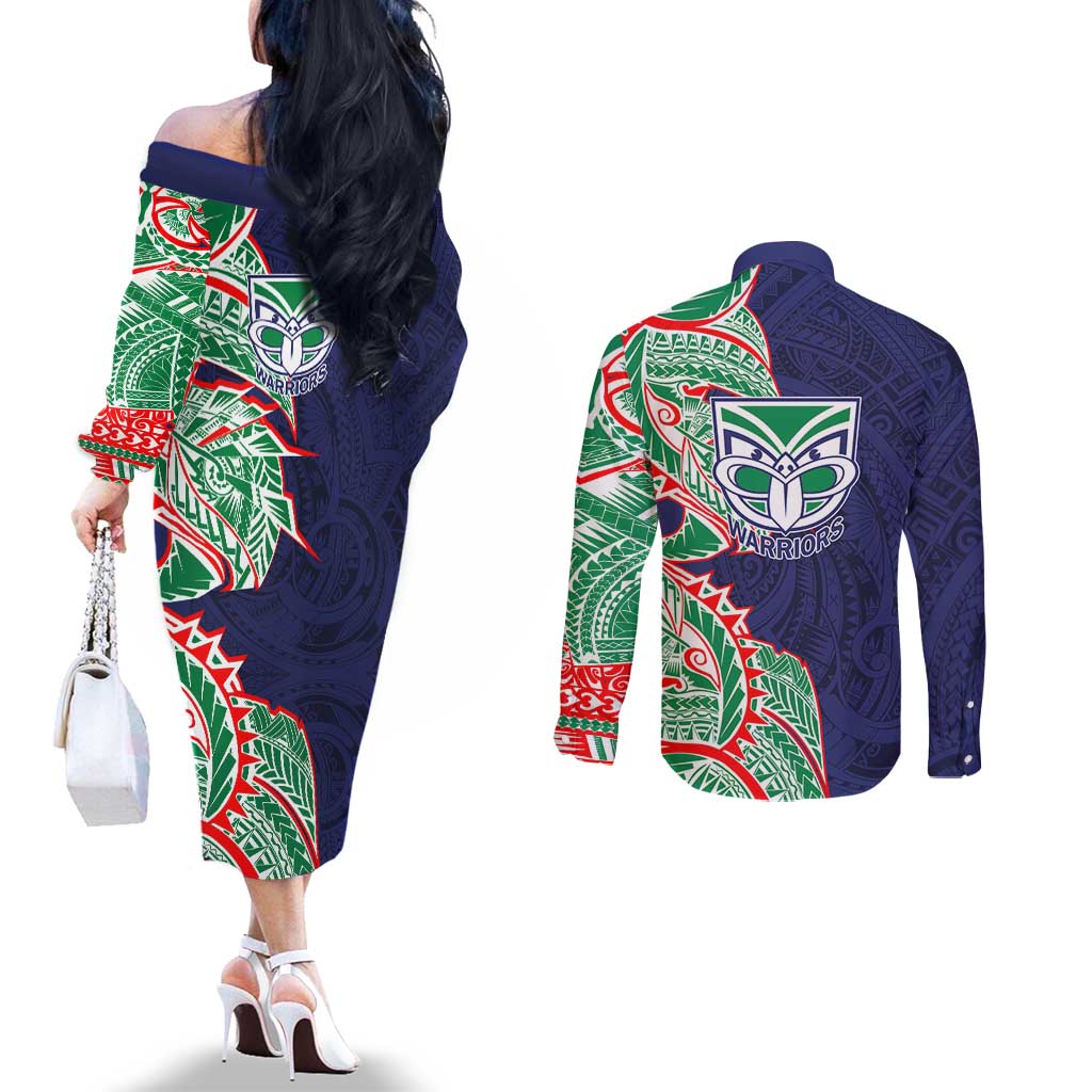 New Zealand Warriors Couples Matching Off The Shoulder Long Sleeve Dress and Long Sleeve Button Shirt Polynesian Tribal Tattoo Pacific Sport Art