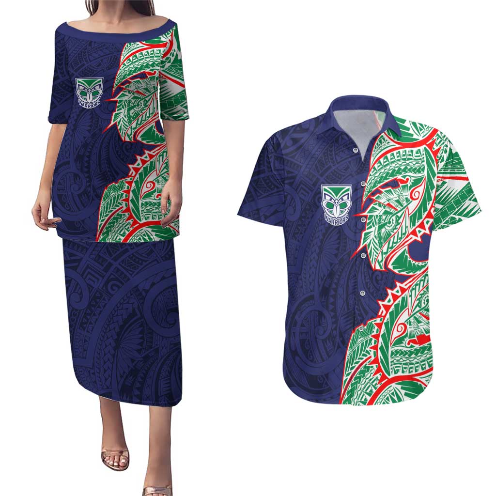 New Zealand Warriors Couples Matching Puletasi and Hawaiian Shirt Polynesian Tribal Tattoo Pacific Sport Art