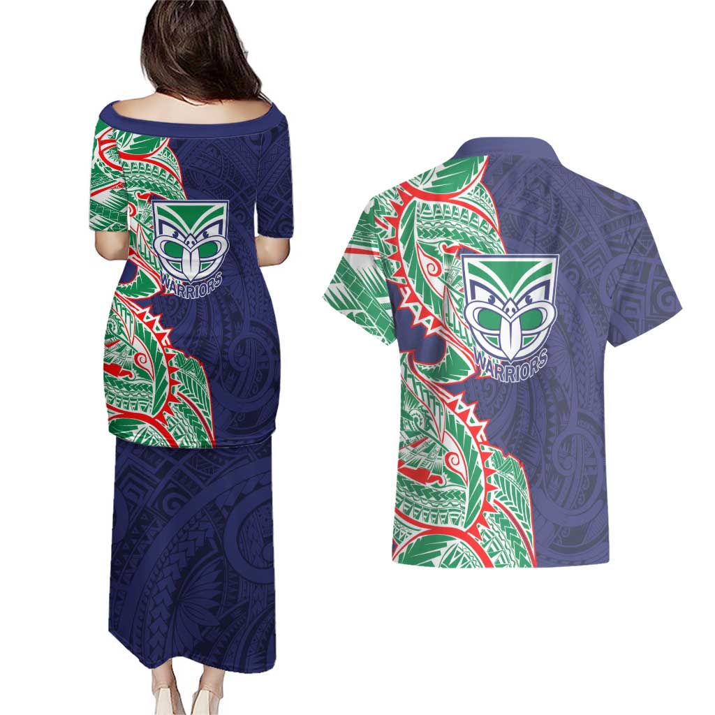 New Zealand Warriors Couples Matching Puletasi and Hawaiian Shirt Polynesian Tribal Tattoo Pacific Sport Art