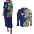 New Zealand Warriors Couples Matching Puletasi and Long Sleeve Button Shirt Polynesian Tribal Tattoo Pacific Sport Art