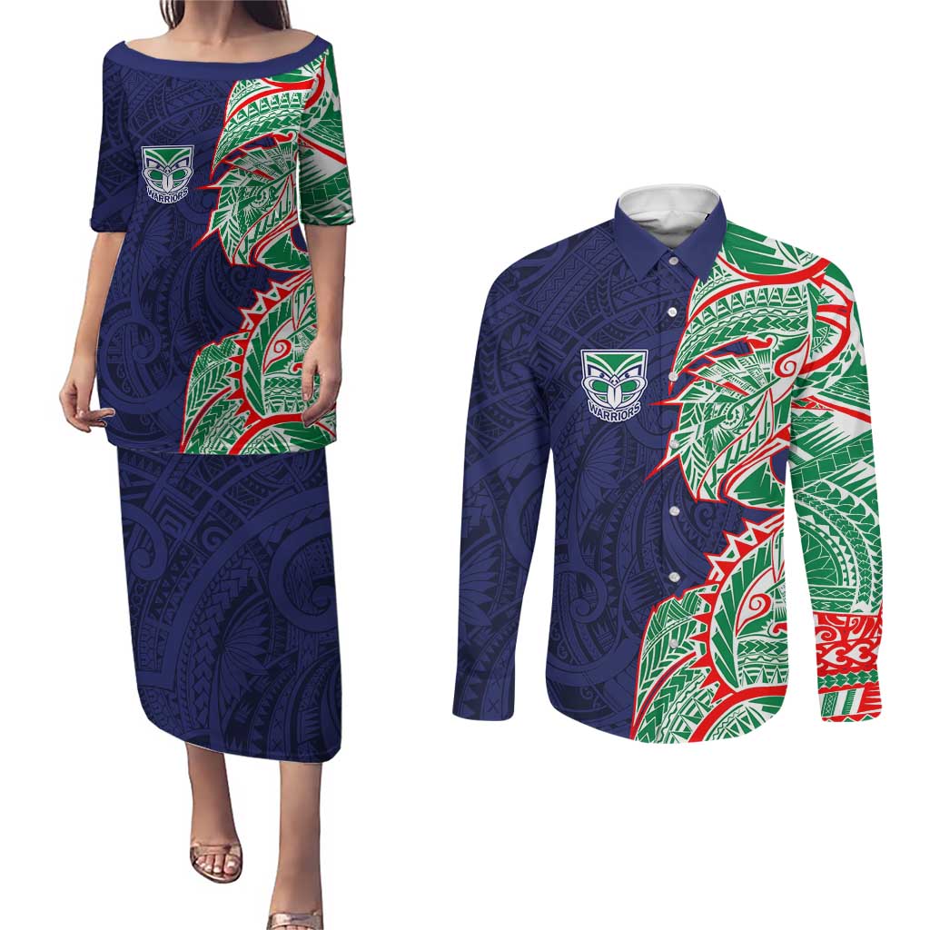New Zealand Warriors Couples Matching Puletasi and Long Sleeve Button Shirt Polynesian Tribal Tattoo Pacific Sport Art