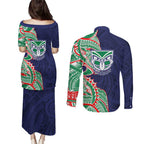 New Zealand Warriors Couples Matching Puletasi and Long Sleeve Button Shirt Polynesian Tribal Tattoo Pacific Sport Art