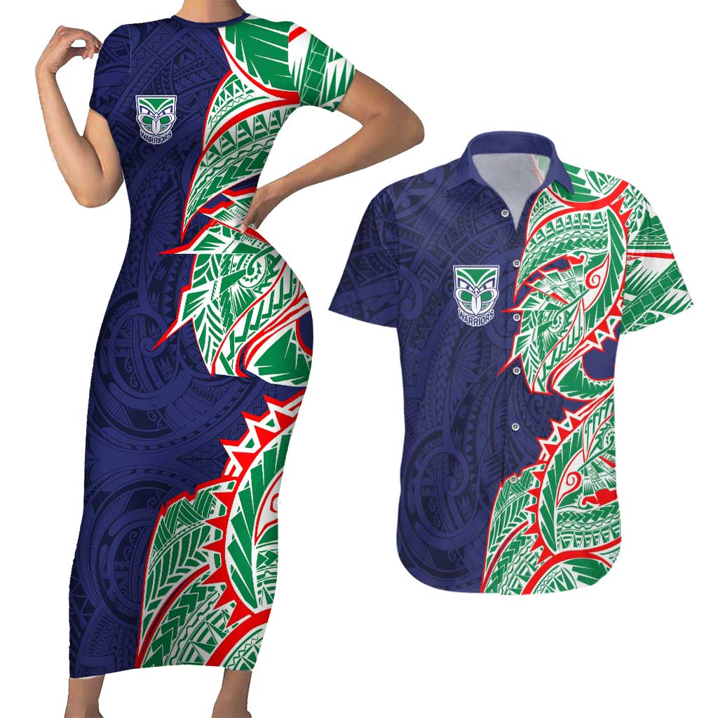 New Zealand Warriors Couples Matching Short Sleeve Bodycon Dress and Hawaiian Shirt Polynesian Tribal Tattoo Pacific Sport Art