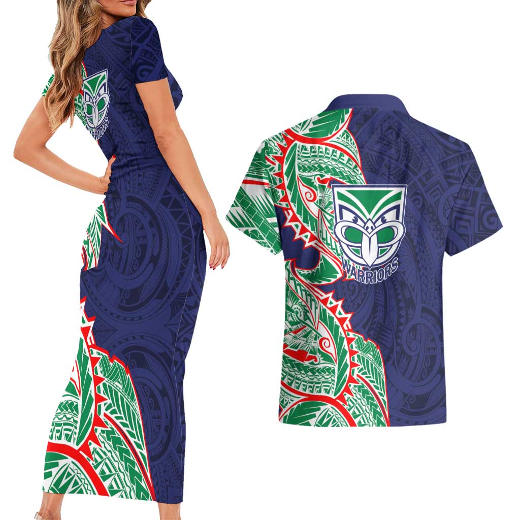 New Zealand Warriors Couples Matching Short Sleeve Bodycon Dress and Hawaiian Shirt Polynesian Tribal Tattoo Pacific Sport Art