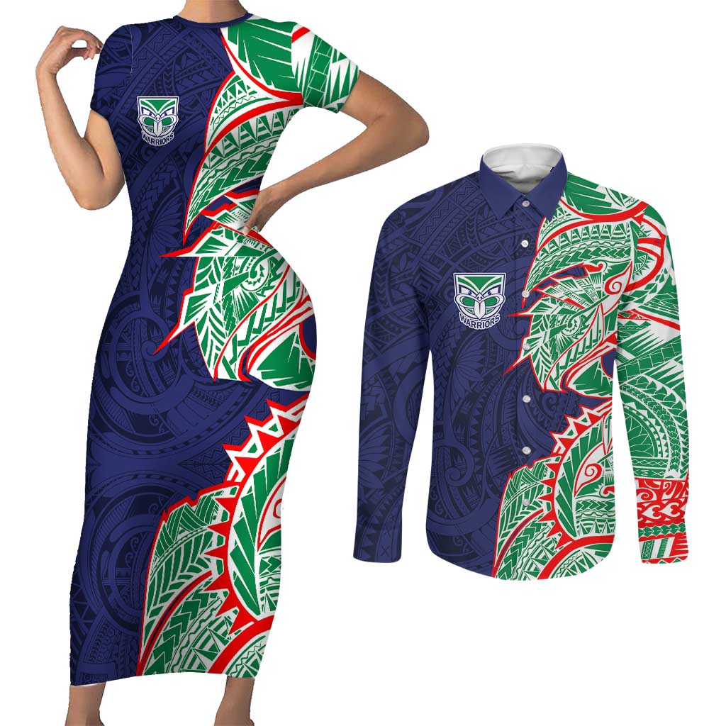 New Zealand Warriors Couples Matching Short Sleeve Bodycon Dress and Long Sleeve Button Shirt Polynesian Tribal Tattoo Pacific Sport Art