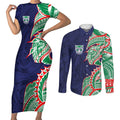 New Zealand Warriors Couples Matching Short Sleeve Bodycon Dress and Long Sleeve Button Shirt Polynesian Tribal Tattoo Pacific Sport Art