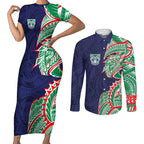 New Zealand Warriors Couples Matching Short Sleeve Bodycon Dress and Long Sleeve Button Shirt Polynesian Tribal Tattoo Pacific Sport Art