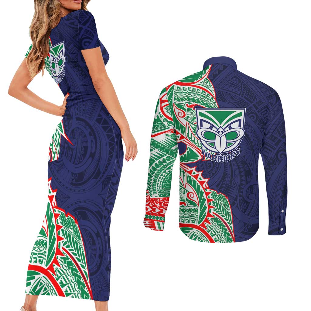 New Zealand Warriors Couples Matching Short Sleeve Bodycon Dress and Long Sleeve Button Shirt Polynesian Tribal Tattoo Pacific Sport Art