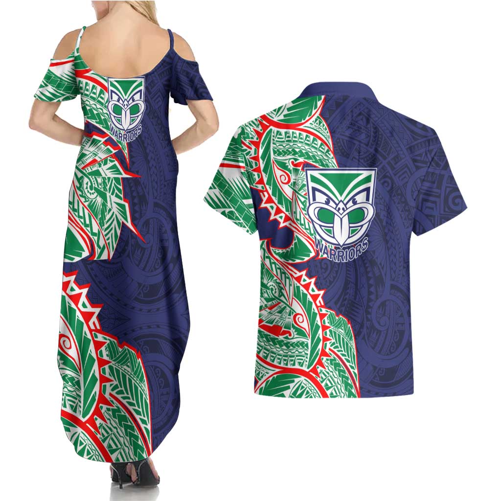 New Zealand Warriors Couples Matching Summer Maxi Dress and Hawaiian Shirt Polynesian Tribal Tattoo Pacific Sport Art