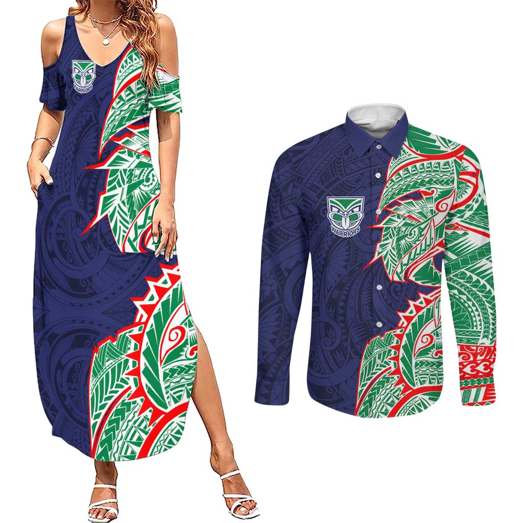 New Zealand Warriors Couples Matching Summer Maxi Dress and Long Sleeve Button Shirt Polynesian Tribal Tattoo Pacific Sport Art