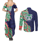 New Zealand Warriors Couples Matching Summer Maxi Dress and Long Sleeve Button Shirt Polynesian Tribal Tattoo Pacific Sport Art