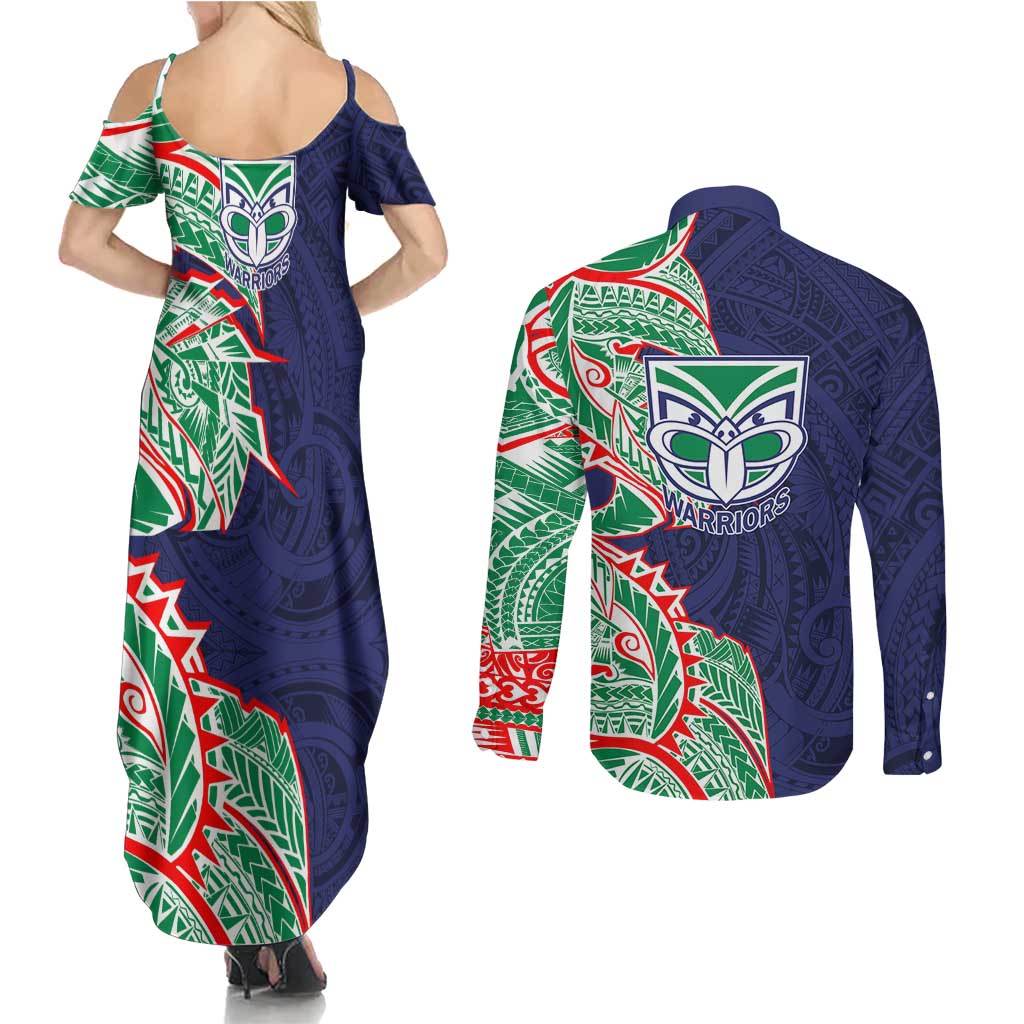 New Zealand Warriors Couples Matching Summer Maxi Dress and Long Sleeve Button Shirt Polynesian Tribal Tattoo Pacific Sport Art