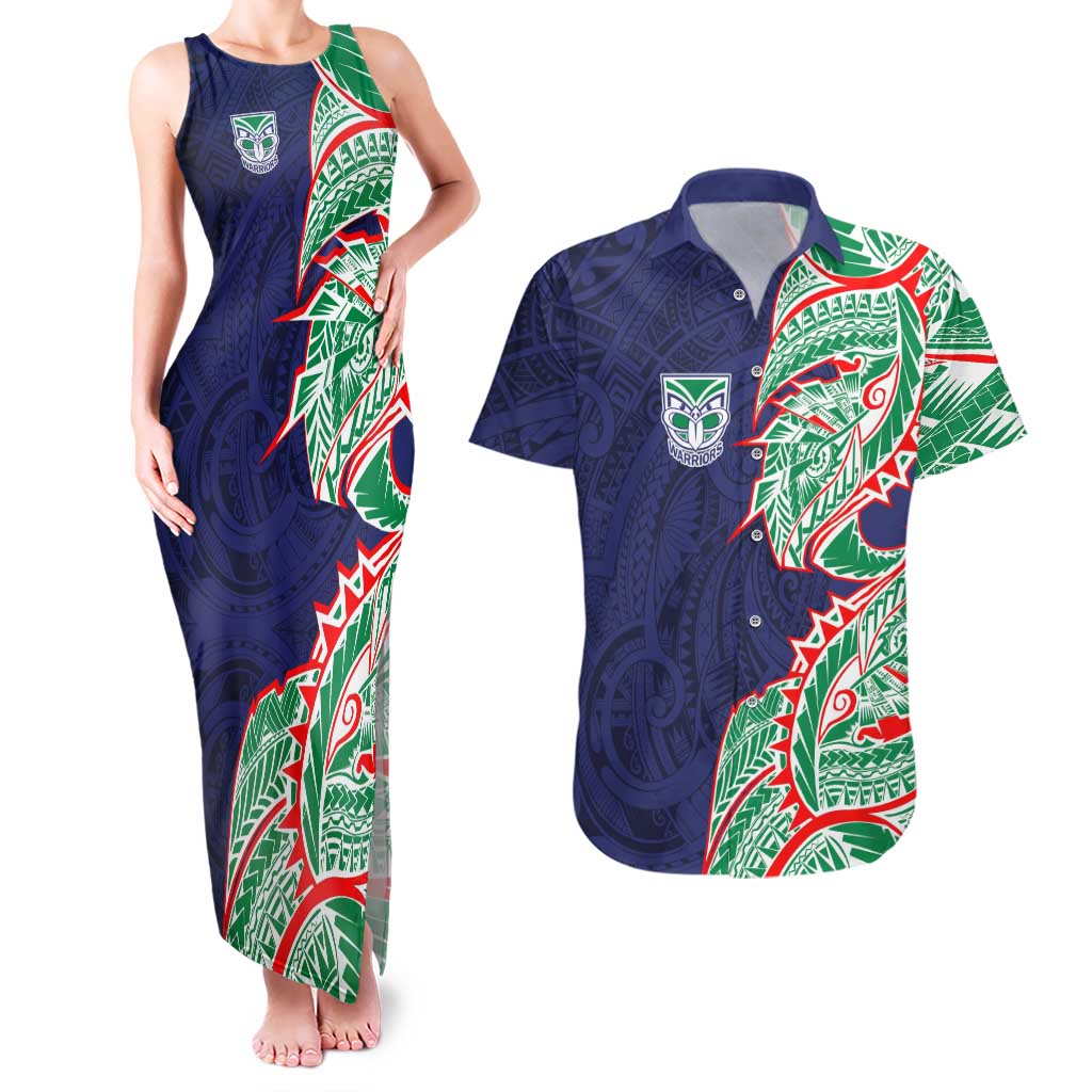New Zealand Warriors Couples Matching Tank Maxi Dress and Hawaiian Shirt Polynesian Tribal Tattoo Pacific Sport Art