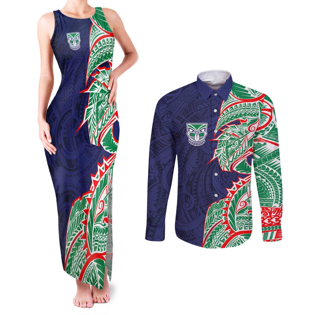 New Zealand Warriors Couples Matching Tank Maxi Dress and Long Sleeve Button Shirt Polynesian Tribal Tattoo Pacific Sport Art