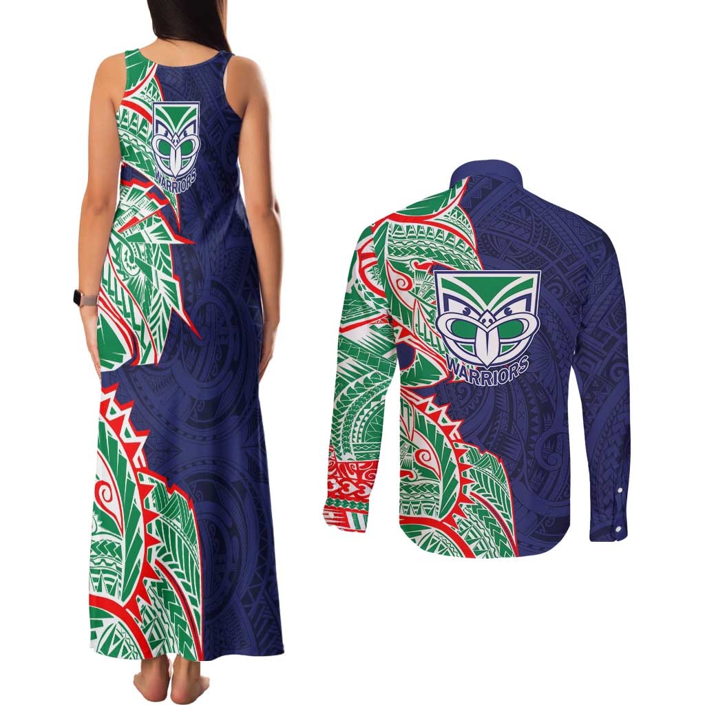 New Zealand Warriors Couples Matching Tank Maxi Dress and Long Sleeve Button Shirt Polynesian Tribal Tattoo Pacific Sport Art