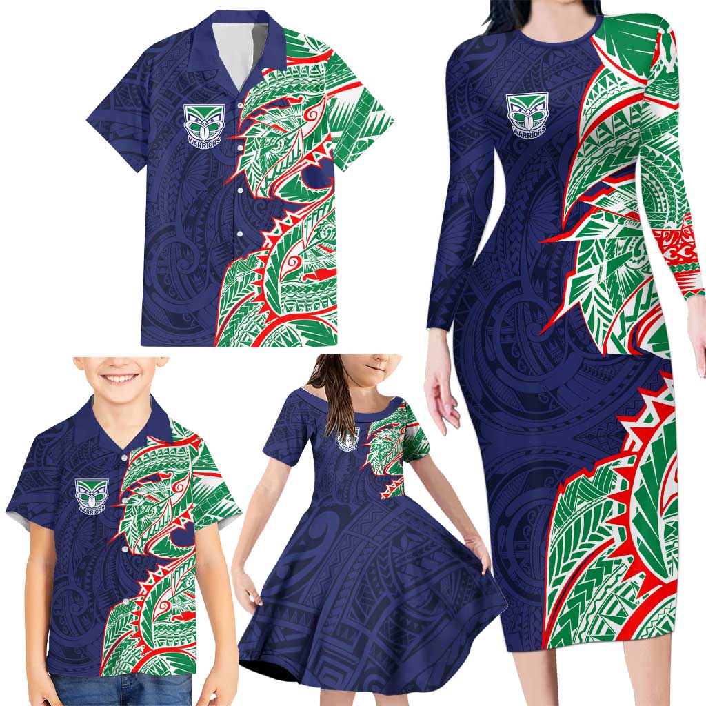 New Zealand Warriors Family Matching Long Sleeve Bodycon Dress and Hawaiian Shirt Polynesian Tribal Tattoo Pacific Sport Art