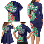 New Zealand Warriors Family Matching Long Sleeve Bodycon Dress and Hawaiian Shirt Polynesian Tribal Tattoo Pacific Sport Art