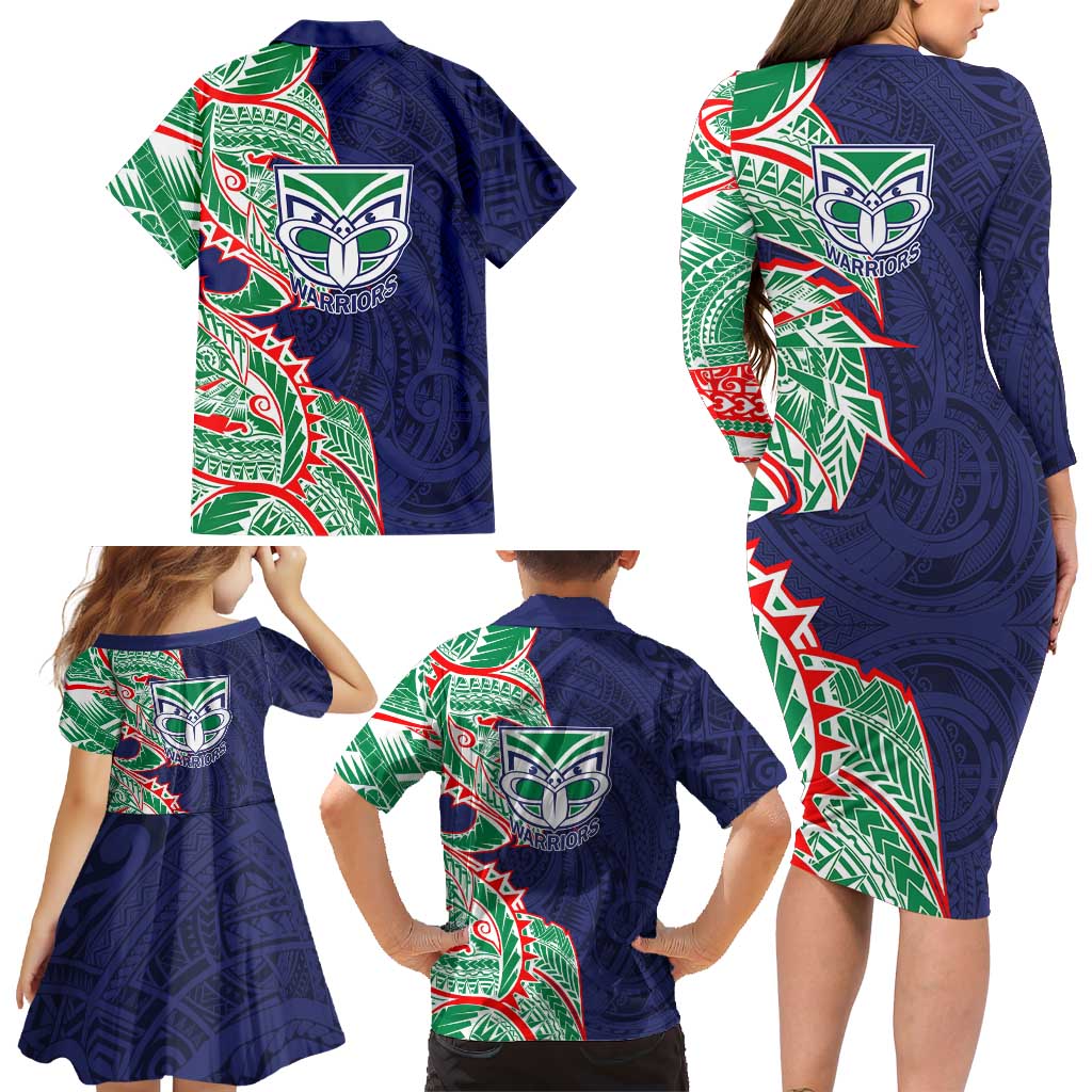 New Zealand Warriors Family Matching Long Sleeve Bodycon Dress and Hawaiian Shirt Polynesian Tribal Tattoo Pacific Sport Art