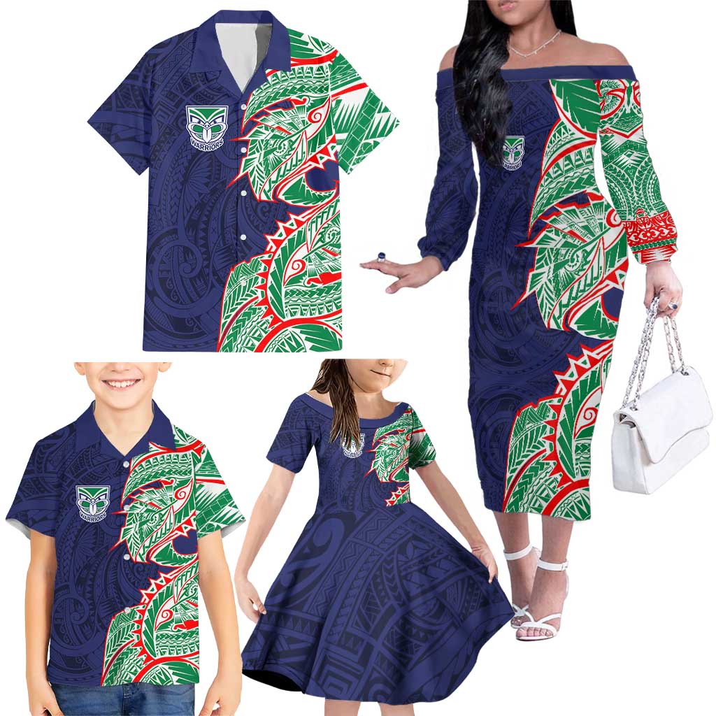 New Zealand Warriors Family Matching Off The Shoulder Long Sleeve Dress and Hawaiian Shirt Polynesian Tribal Tattoo Pacific Sport Art