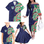 New Zealand Warriors Family Matching Off The Shoulder Long Sleeve Dress and Hawaiian Shirt Polynesian Tribal Tattoo Pacific Sport Art