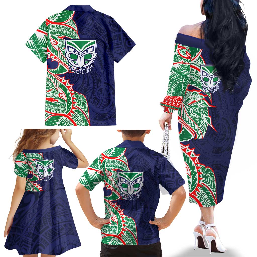 New Zealand Warriors Family Matching Off The Shoulder Long Sleeve Dress and Hawaiian Shirt Polynesian Tribal Tattoo Pacific Sport Art
