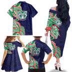 New Zealand Warriors Family Matching Off The Shoulder Long Sleeve Dress and Hawaiian Shirt Polynesian Tribal Tattoo Pacific Sport Art