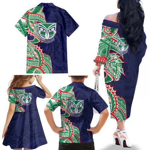 New Zealand Warriors Family Matching Off The Shoulder Long Sleeve Dress and Hawaiian Shirt Polynesian Tribal Tattoo Pacific Sport Art