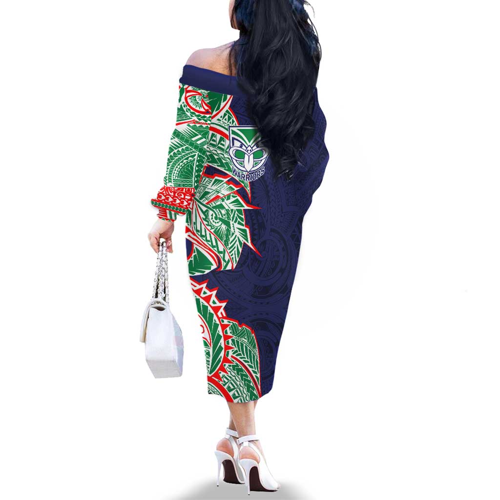 New Zealand Warriors Family Matching Off The Shoulder Long Sleeve Dress and Hawaiian Shirt Polynesian Tribal Tattoo Pacific Sport Art