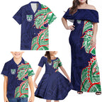 New Zealand Warriors Family Matching Off Shoulder Maxi Dress and Hawaiian Shirt Polynesian Tribal Tattoo Pacific Sport Art