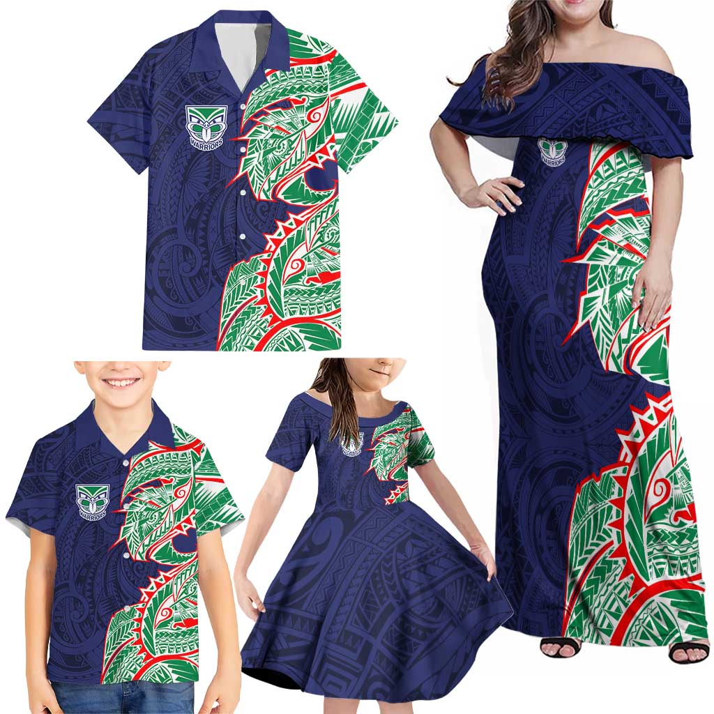New Zealand Warriors Family Matching Off Shoulder Maxi Dress and Hawaiian Shirt Polynesian Tribal Tattoo Pacific Sport Art