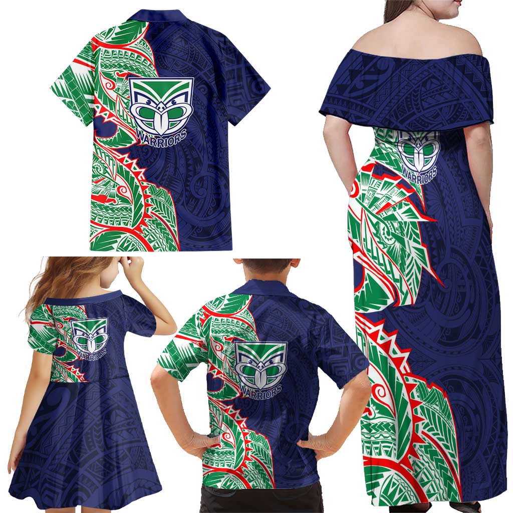 New Zealand Warriors Family Matching Off Shoulder Maxi Dress and Hawaiian Shirt Polynesian Tribal Tattoo Pacific Sport Art