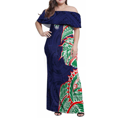 New Zealand Warriors Family Matching Off Shoulder Maxi Dress and Hawaiian Shirt Polynesian Tribal Tattoo Pacific Sport Art