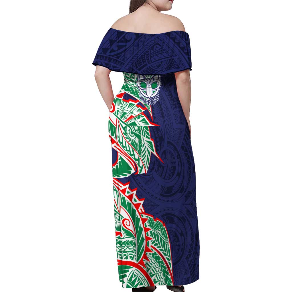 New Zealand Warriors Family Matching Off Shoulder Maxi Dress and Hawaiian Shirt Polynesian Tribal Tattoo Pacific Sport Art