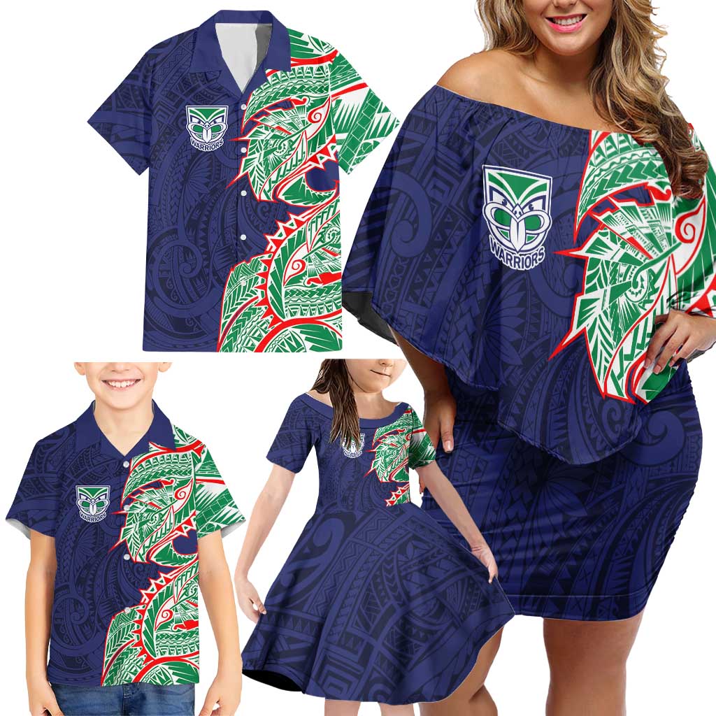 New Zealand Warriors Family Matching Off Shoulder Short Dress and Hawaiian Shirt Polynesian Tribal Tattoo Pacific Sport Art