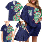 New Zealand Warriors Family Matching Off Shoulder Short Dress and Hawaiian Shirt Polynesian Tribal Tattoo Pacific Sport Art