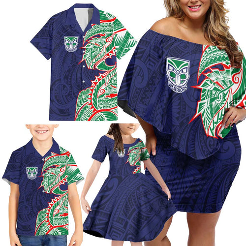 New Zealand Warriors Family Matching Off Shoulder Short Dress and Hawaiian Shirt Polynesian Tribal Tattoo Pacific Sport Art