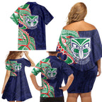 New Zealand Warriors Family Matching Off Shoulder Short Dress and Hawaiian Shirt Polynesian Tribal Tattoo Pacific Sport Art