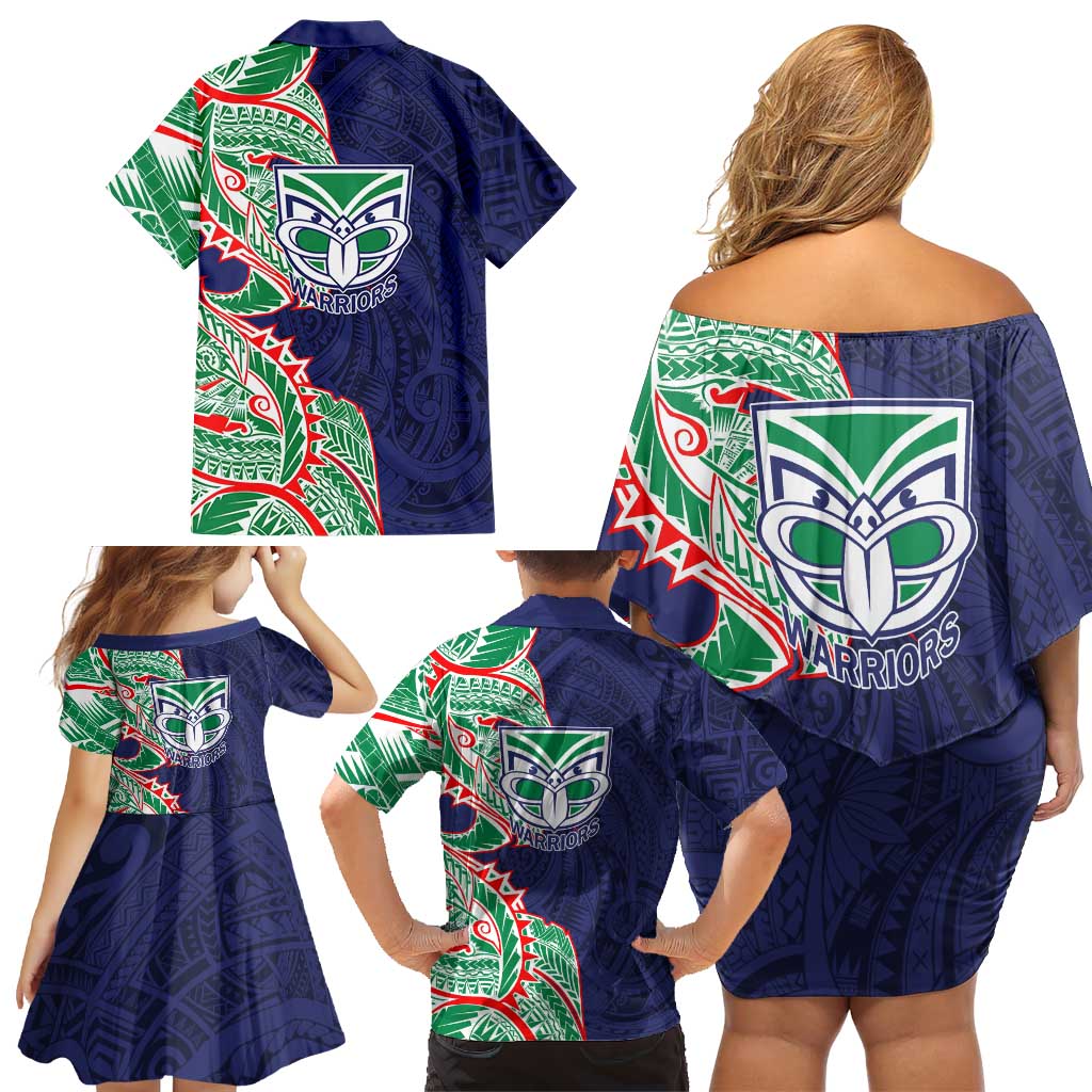 New Zealand Warriors Family Matching Off Shoulder Short Dress and Hawaiian Shirt Polynesian Tribal Tattoo Pacific Sport Art