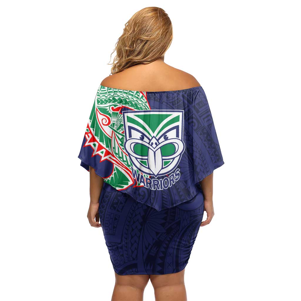 New Zealand Warriors Family Matching Off Shoulder Short Dress and Hawaiian Shirt Polynesian Tribal Tattoo Pacific Sport Art