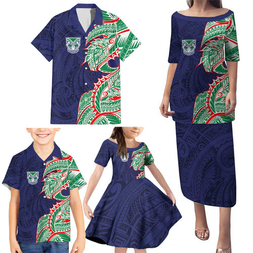 New Zealand Warriors Family Matching Puletasi and Hawaiian Shirt Polynesian Tribal Tattoo Pacific Sport Art
