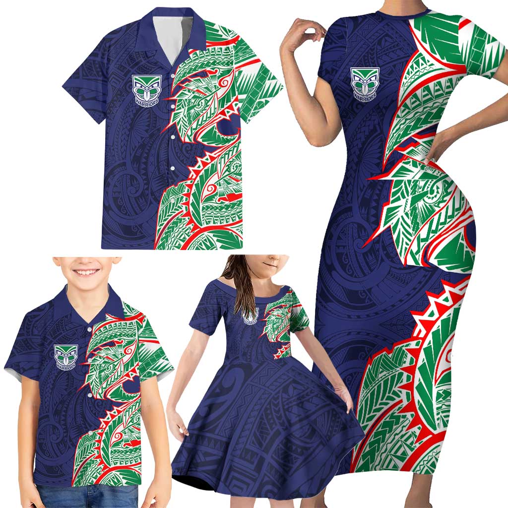 New Zealand Warriors Family Matching Short Sleeve Bodycon Dress and Hawaiian Shirt Polynesian Tribal Tattoo Pacific Sport Art